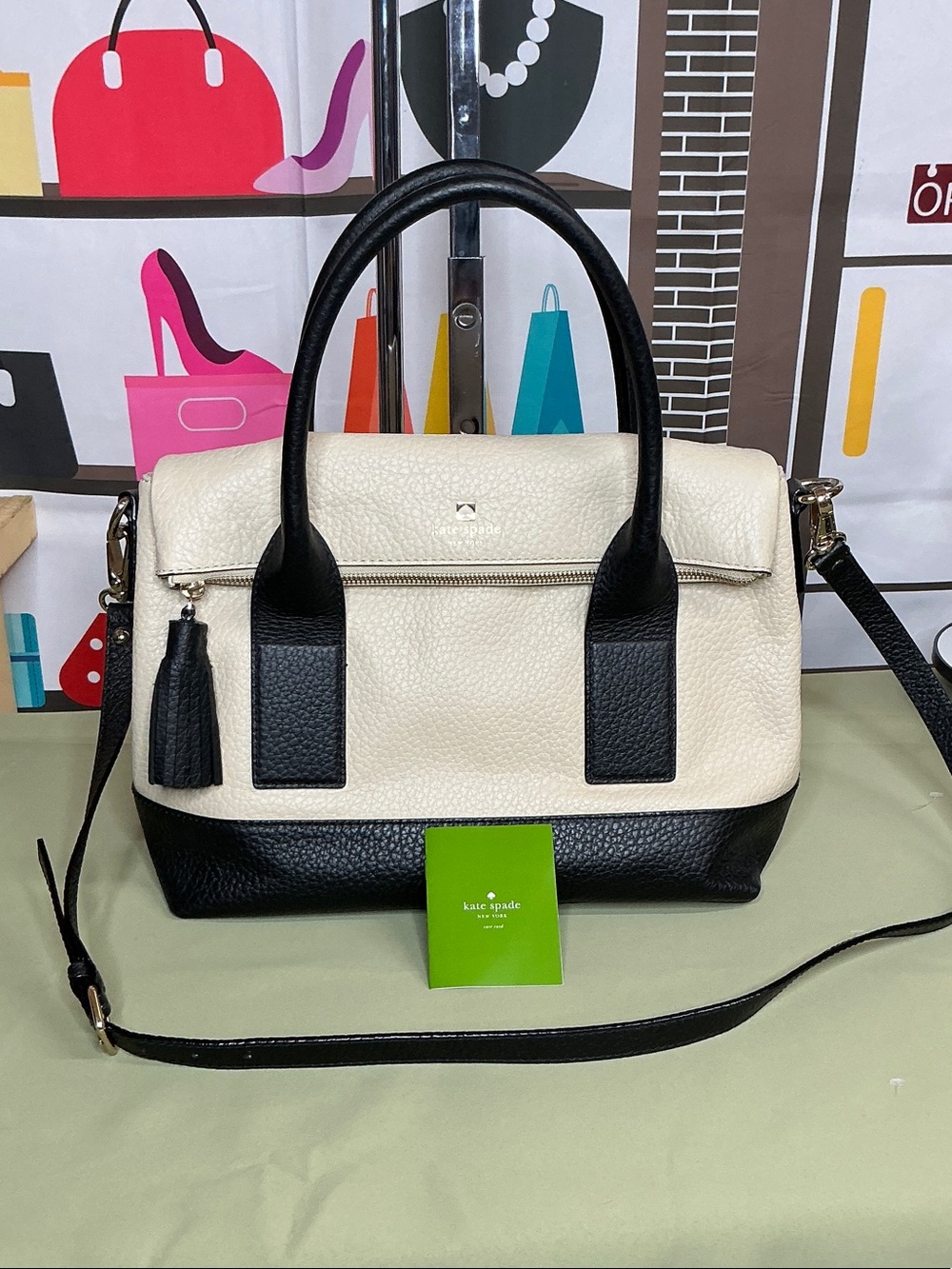 kate spade Two-Tone Black and Cream Satchel with Tassel #2339